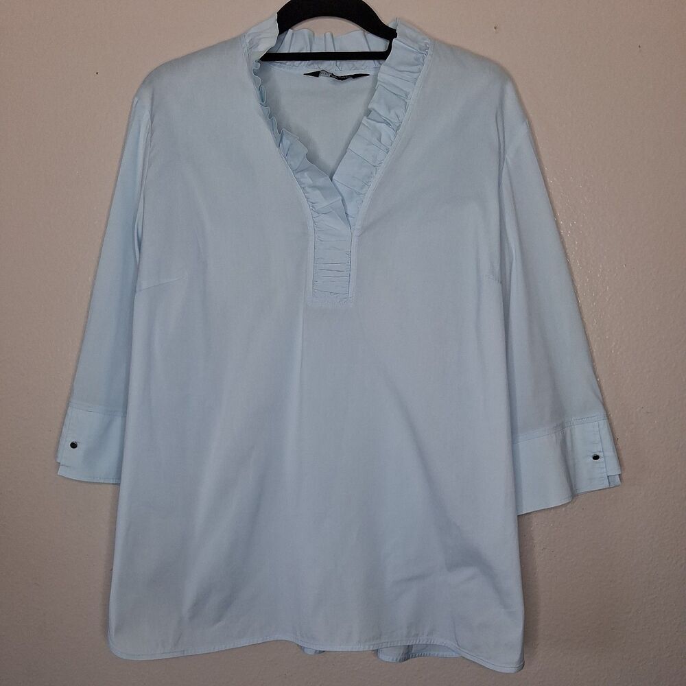 Ming Wang Black 3/4 Sleeve Ruffled V-Neck Blouse Top Business Casual Size L